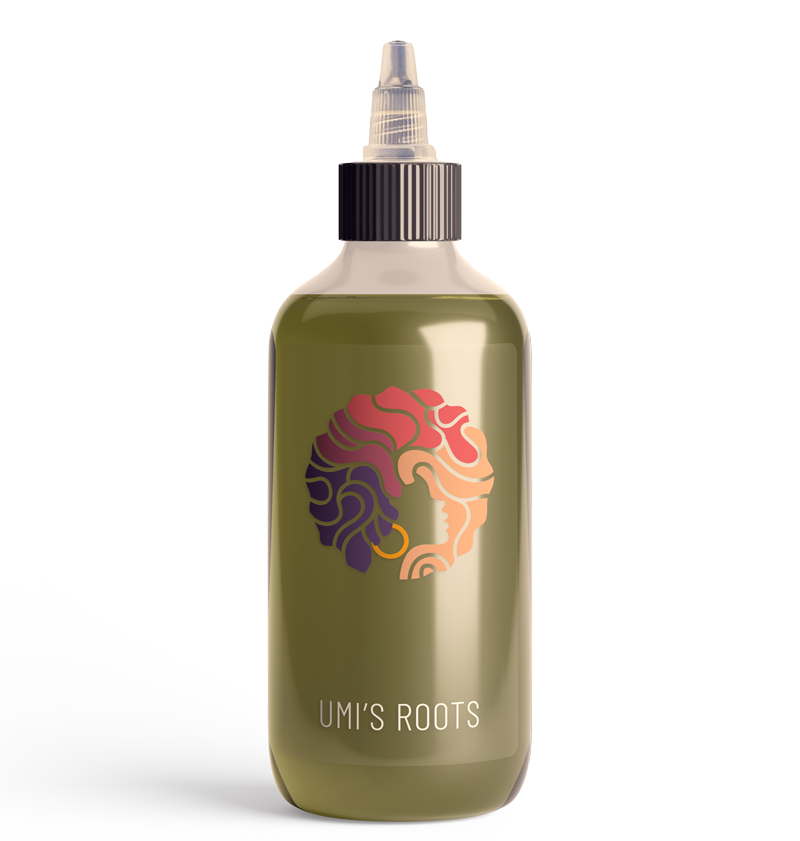 Umi's Roots bottle with natural hair product.